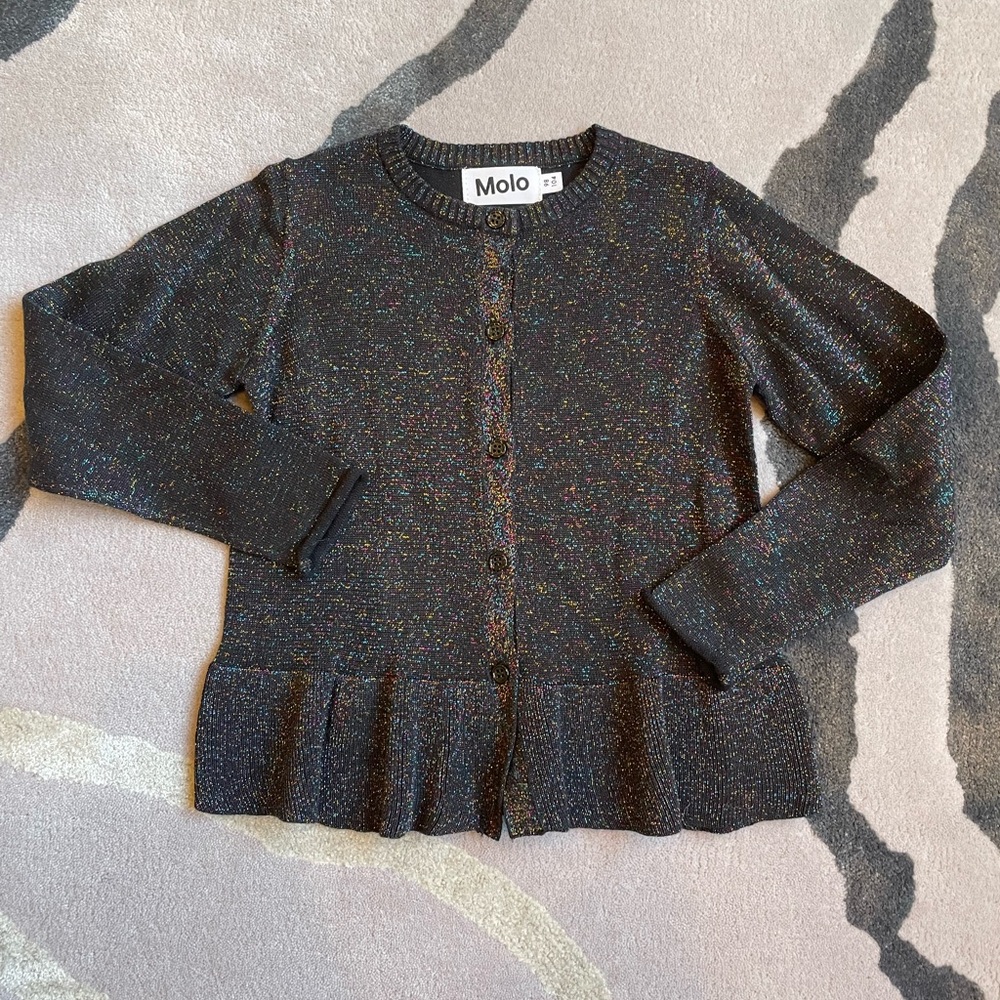 Molo kids black metallic multicolor glitter cardigan with peplum bottom size 3/4
